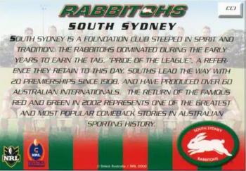 2002 Select Challenge - Case Card #CC1 South Sydney Rabbitohs Back